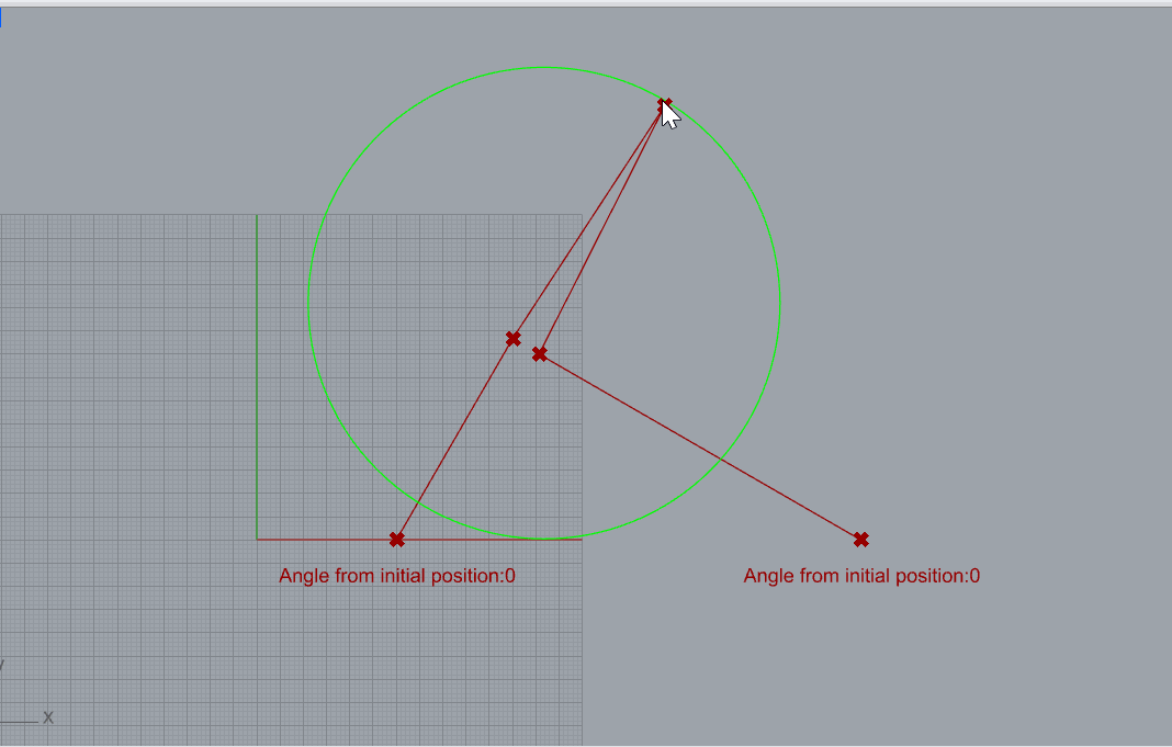 最適化後の5節リンクの動作例(緑線:可動域内接円)